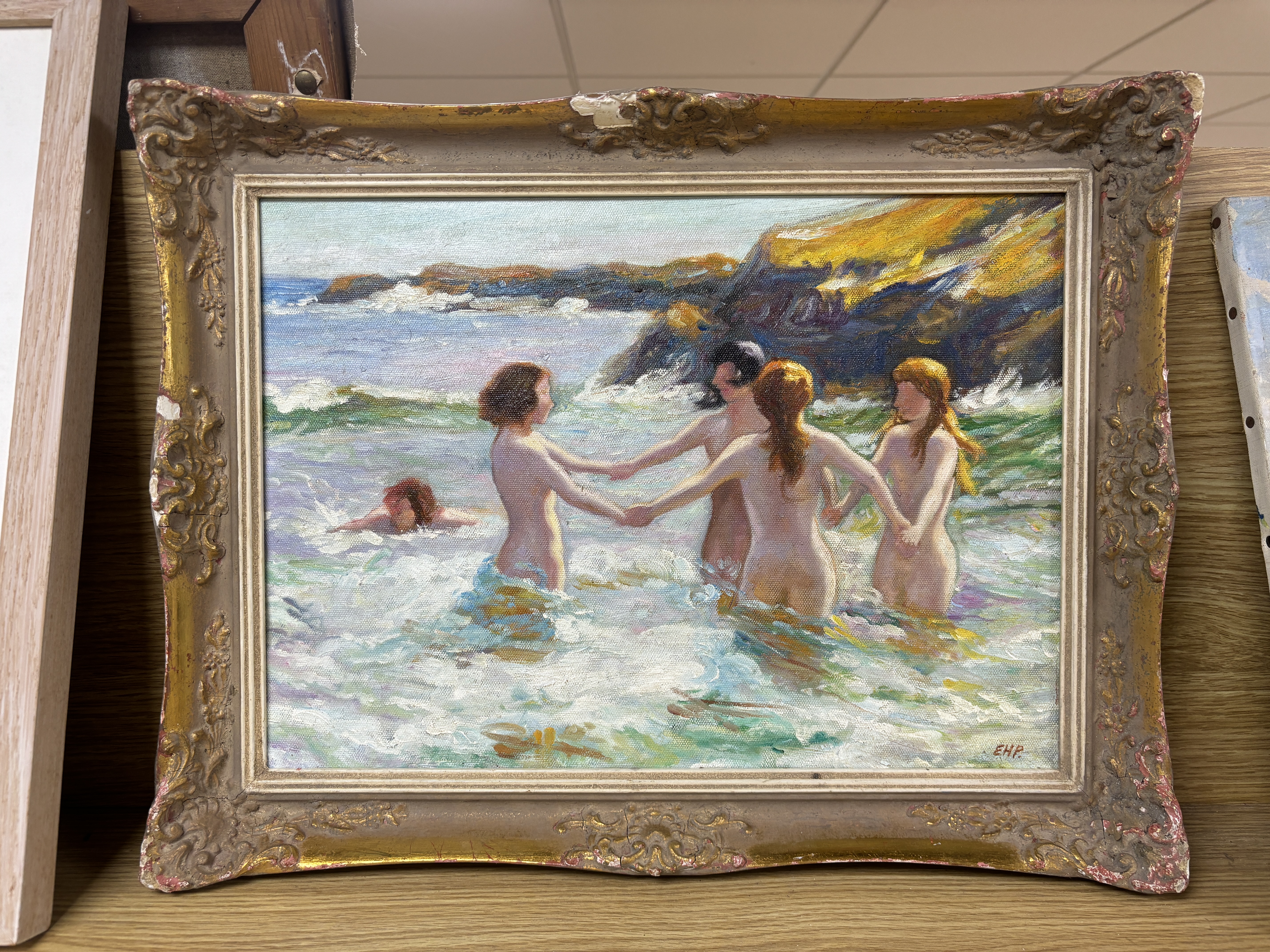 After Edward Henry Potthast (1857-1927), oil on canvas board, Nude bathers, 27 x 37cm